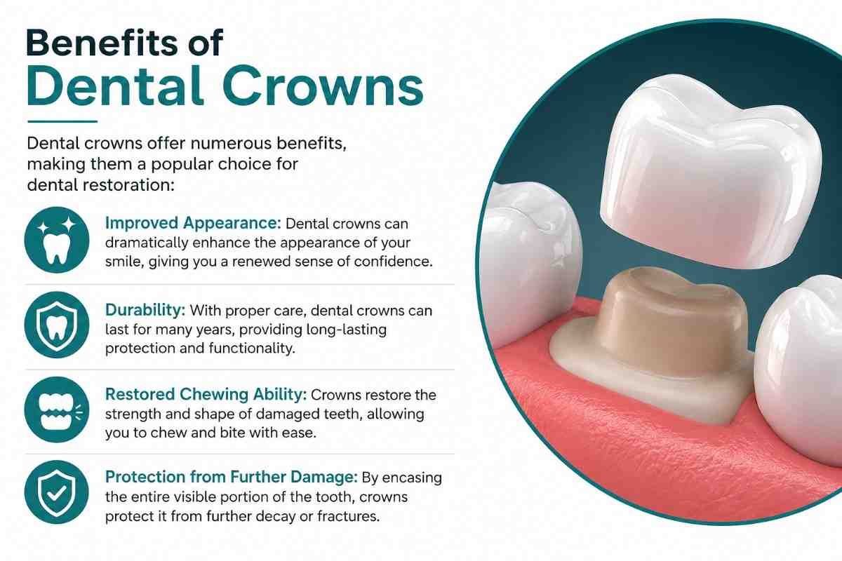 Infographic showing the benefits of dental crowns after root canal treatment including improved appearance, durability, chewing ability and tooth protection.