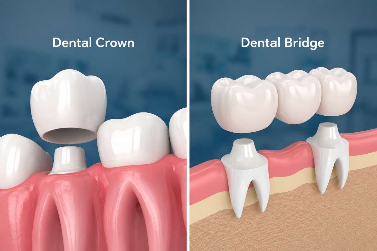 Dental crown being placed on a root canal treated tooth to restore strength, protect against fractures and improve function.