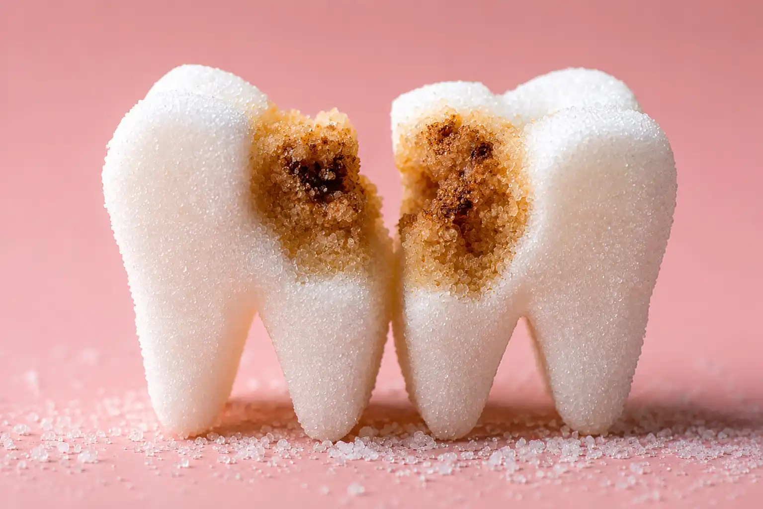 Close-up illustration of teeth damaged by sugar showing cavities and enamel erosion.