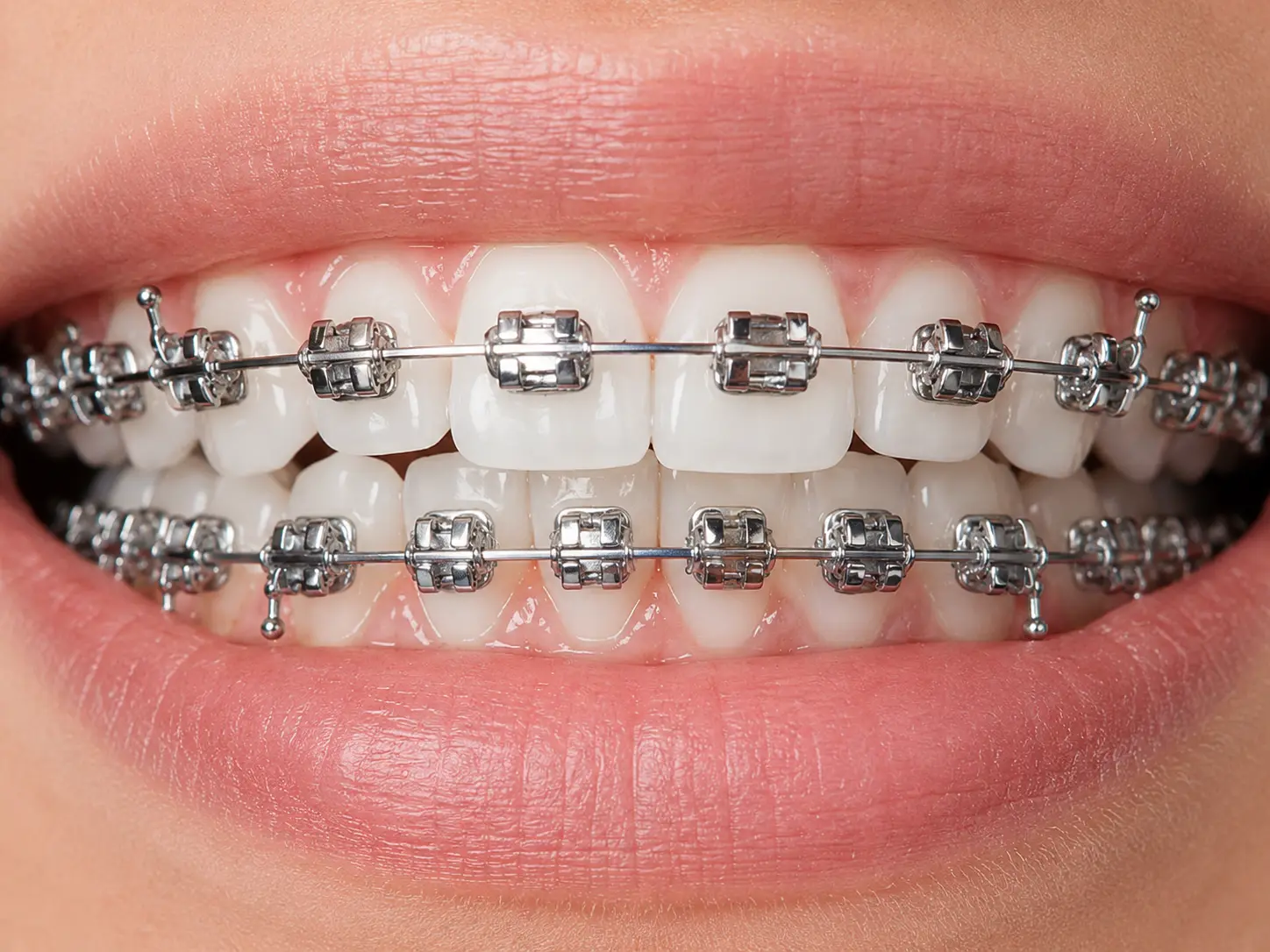 Traditional metal braces with stainless steel brackets and arch wire on teeth